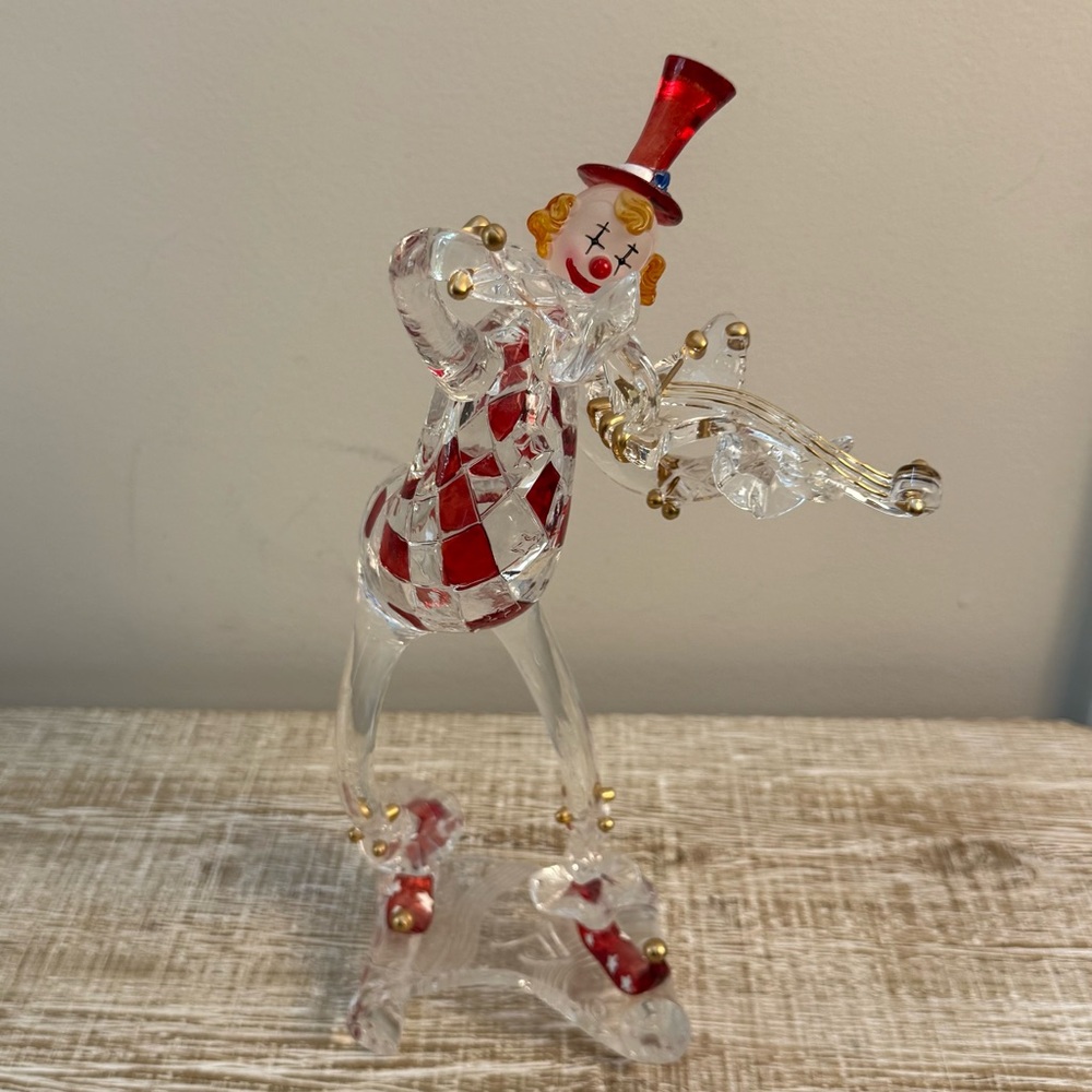 Clear Acrylic Clown Jester Playing Violin, Approx 11" Red and Gold Accents